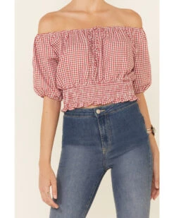 Beyond The Radar Women's Gingham Off-Shoulder Peasant Crop Top  -Ariat || Corral || Dan Post Store 2000343879 600 P3