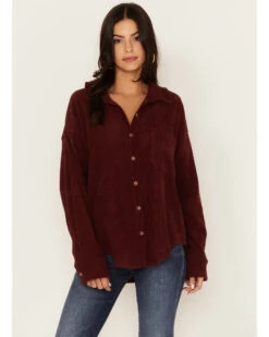 Wishlist Women's Solid Corduroy Oversized Long Sleeve Button Down Shirt 