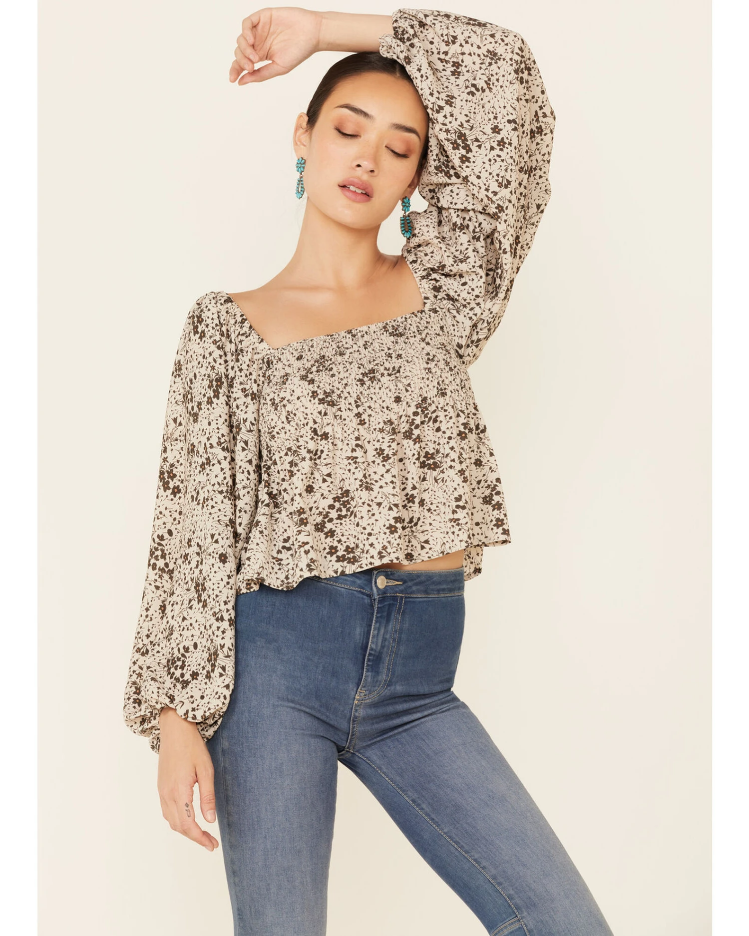 By Together Women's Floral Print Smocked Long Sleeve Crop Top 1 By Together Women's Floral Print Smocked Long Sleeve Crop Top