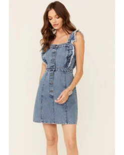 Revel Women's Fray Edge Ruffled Denim Dress