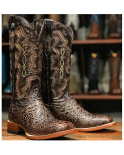 Tanner Women's Hand Tooled Floral Western Boots - Broad Square Toe 