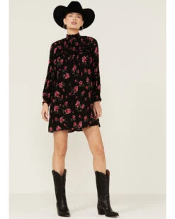 Angie Women's Navy Long Sleeve Smocked Floral Border Mini Dress