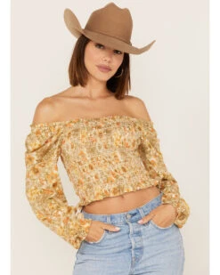 Jolt Women's Floral Print Smocked Long Sleeve Crop Top