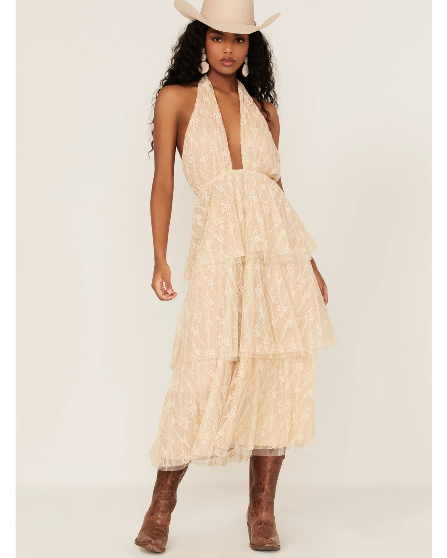 Flying Tomato Women's Floral Lace Halter Tiered Midi Dress 1 Flying Tomato Women's Floral Lace Halter Tiered Midi Dress