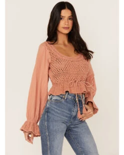Free People Women's Megan Crochet Knit Peplum Puff Sleeve Top