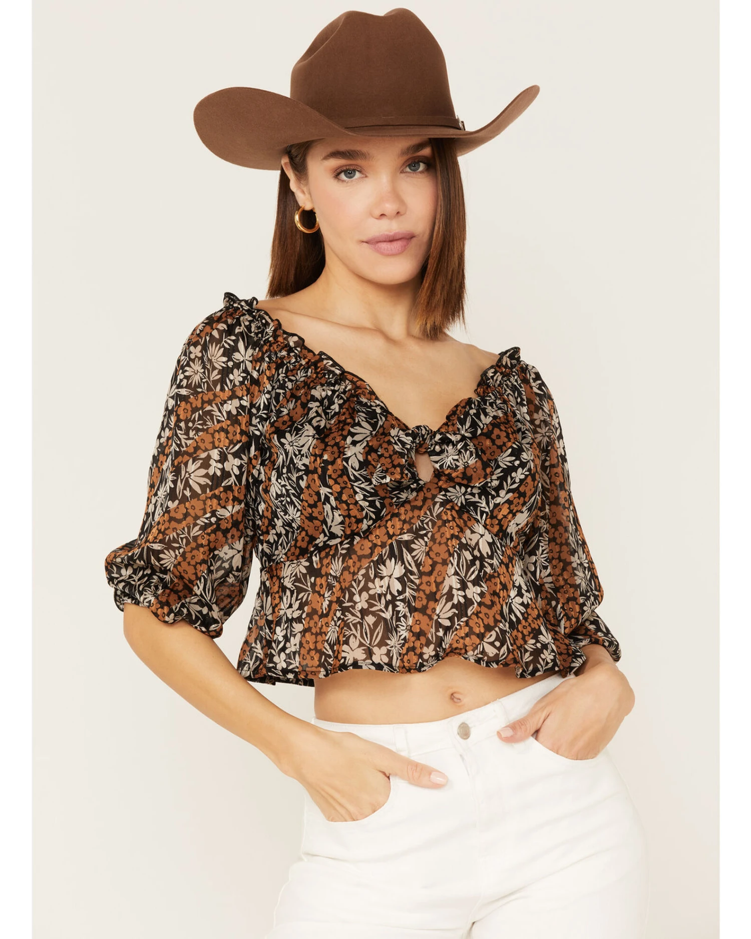 Wild Moss Women's Floral Print Tie-Front Peplum Crop Top 1 Wild Moss Women's Floral Print Tie-Front Peplum Crop Top