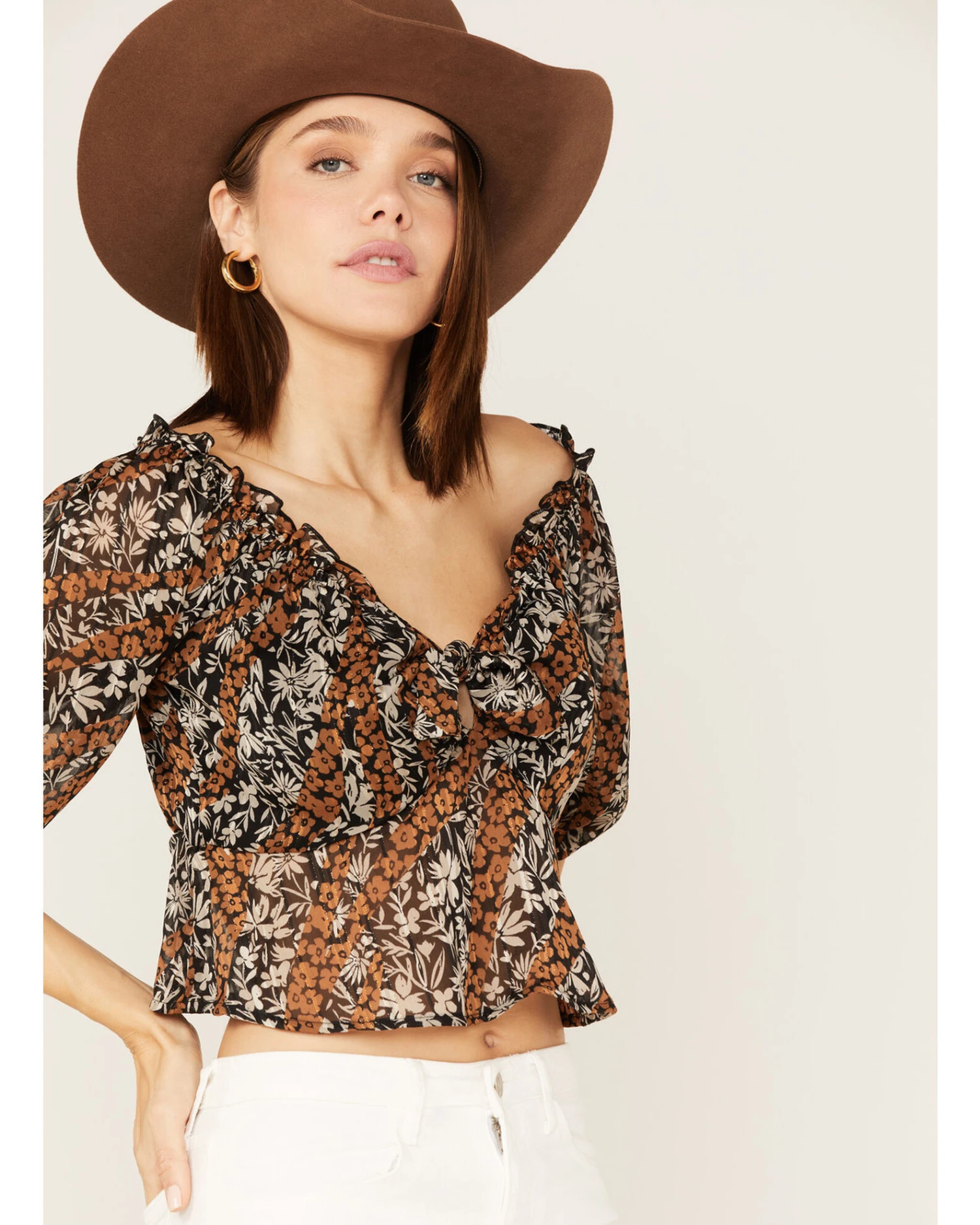 Wild Moss Women's Floral Print Tie-Front Peplum Crop Top 2 Wild Moss Women's Floral Print Tie-Front Peplum Crop Top - Image 2