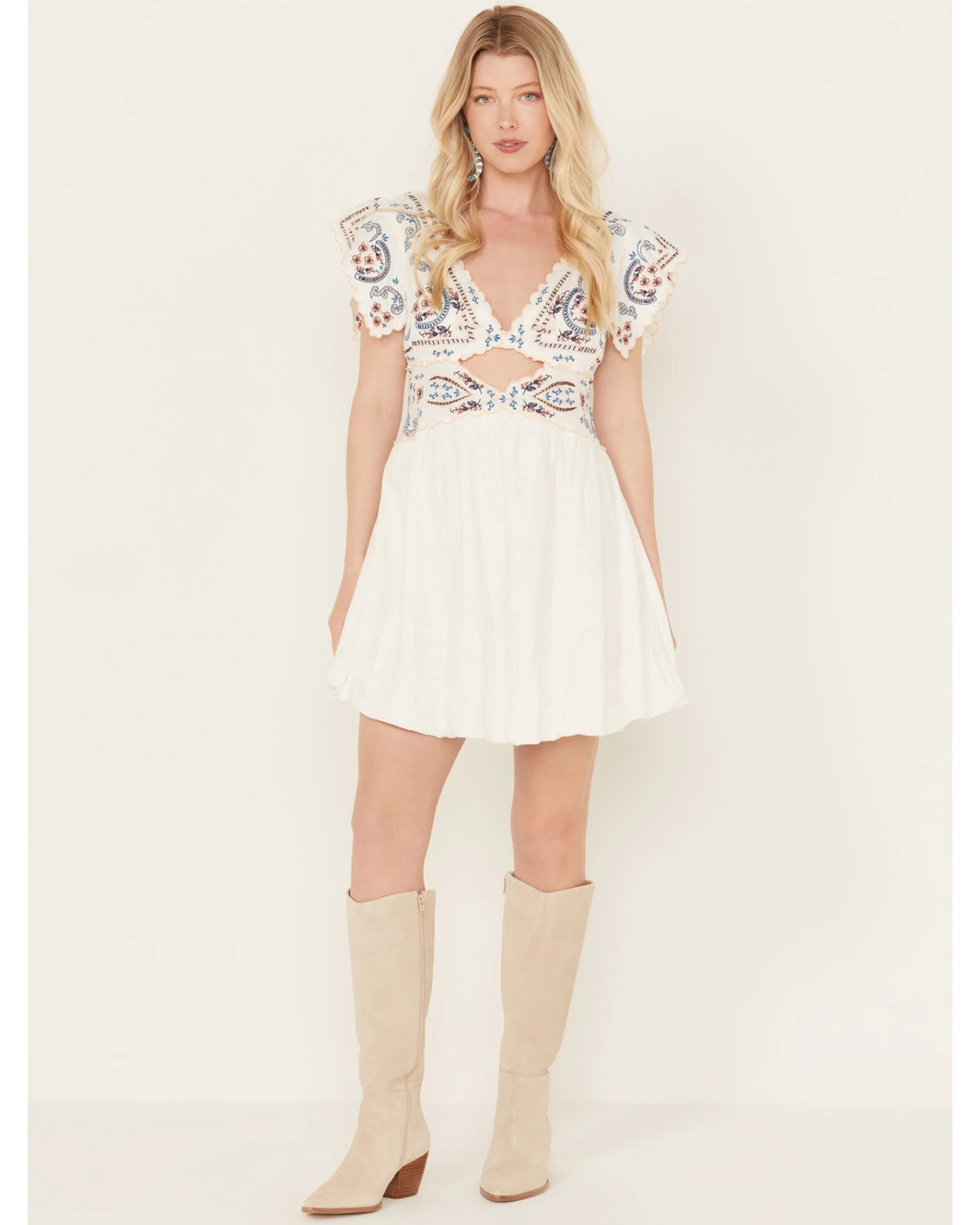 Free People Women's Rambling Roads Mini Short Sleeve Embroidered Dress 1 Free People Women's Rambling Roads Mini Short Sleeve Embroidered Dress